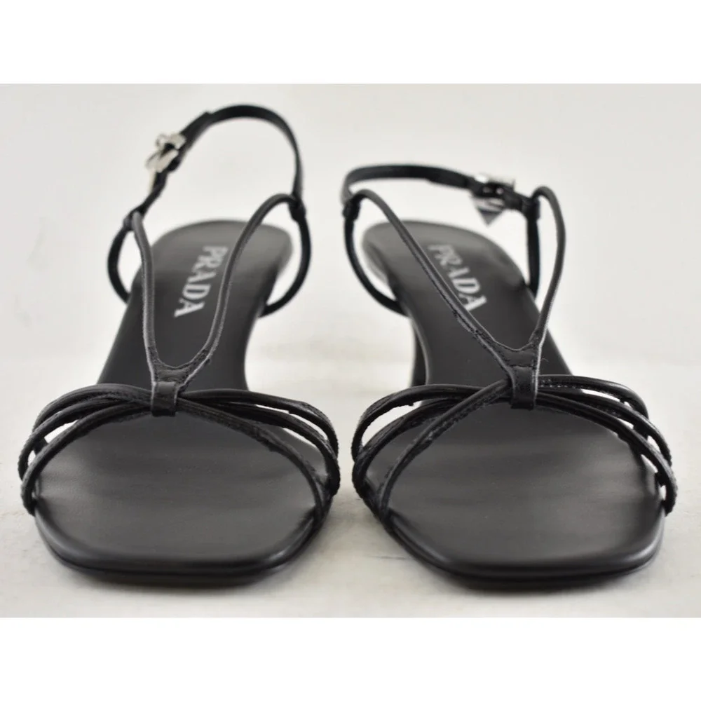 Prada Capretto Strappy 55mm Black Leather Slingback Sandal Mule Kitten Heel 38.5 - Picture 12 of 16